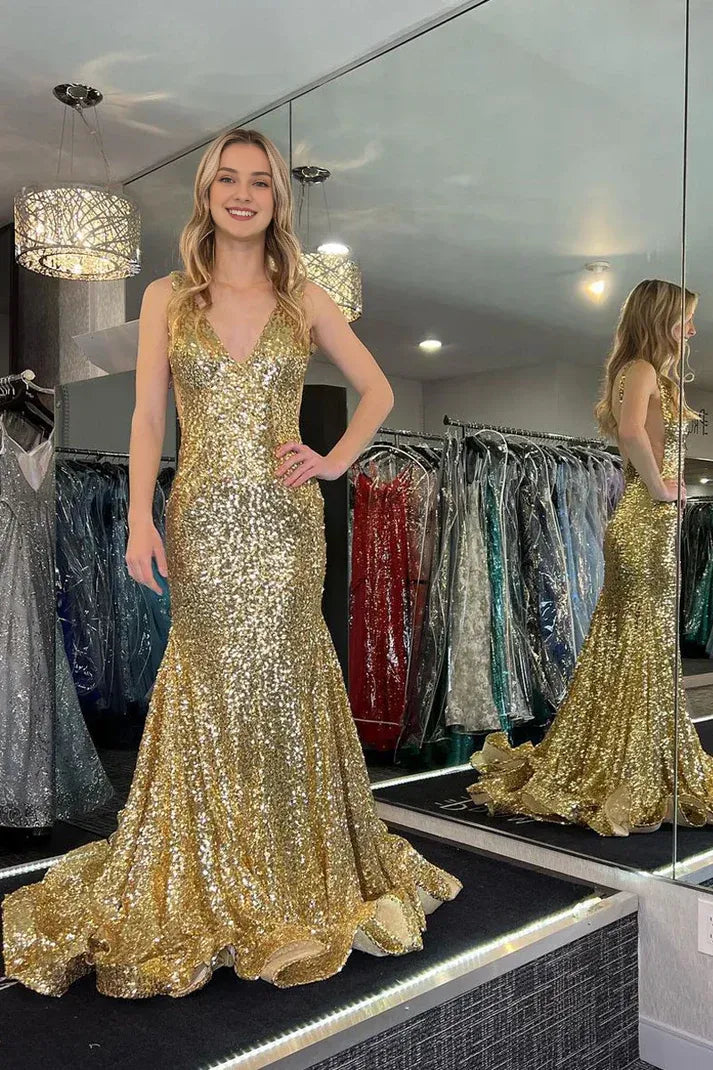 Sleeveless Backless Gold V Neck Sequins Mermaid Prom Dresses With Slit